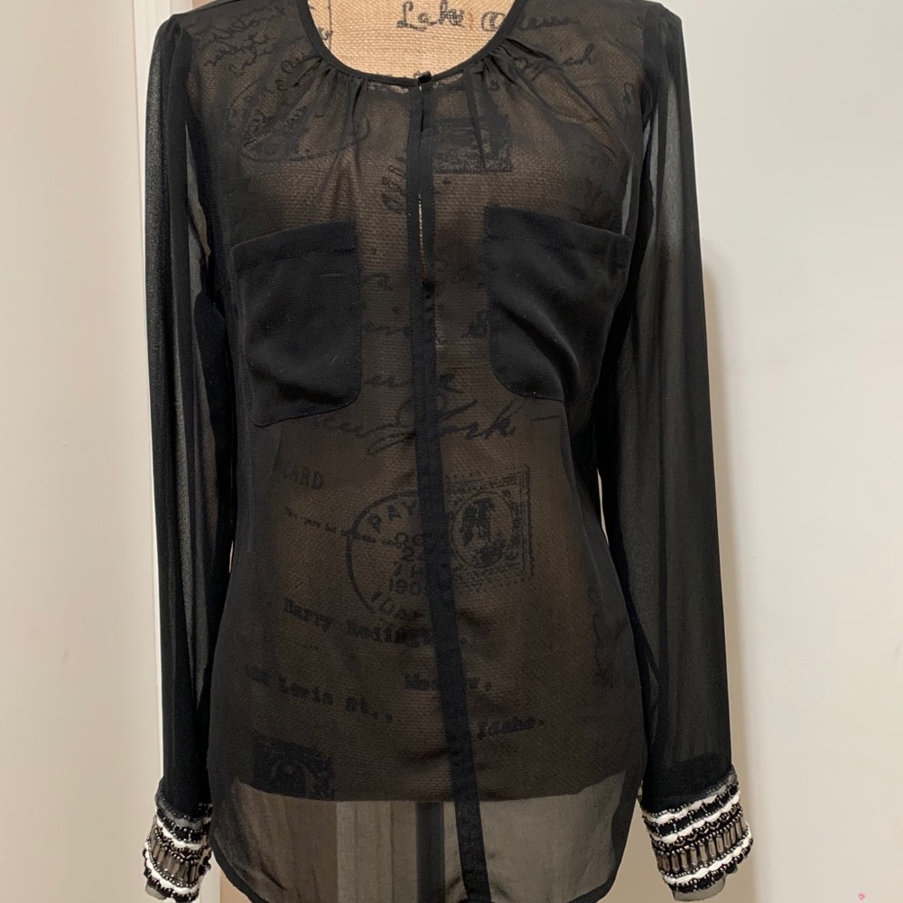 Carmen Marc Valvo Black Sheer Button-Front Blouse with Beaded Cuffs Med